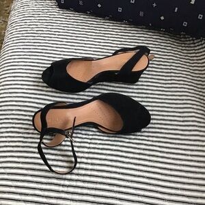Clarks, worn once, butter soft black suede Peep Toe, Ankle Strap wedge! 8m!